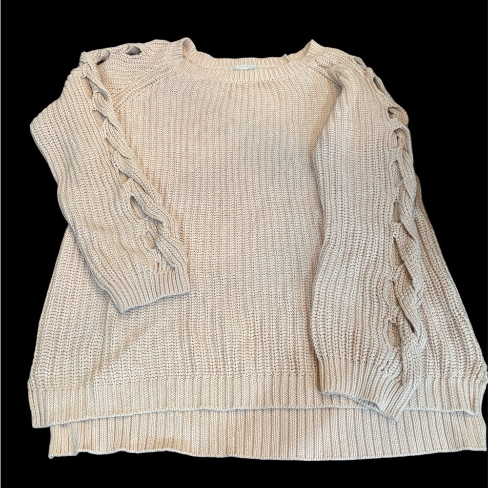 Lucky Brand Cream Crew Neck Sweater with Lace-Up Sleeves